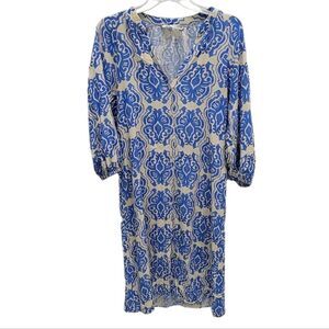 Zara printed midi dress Blue Cream Balloon Sleeves Small